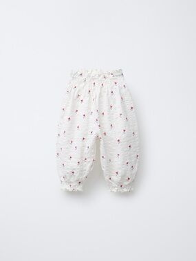 Zara White Balloon Pants with Red Floral Dots
